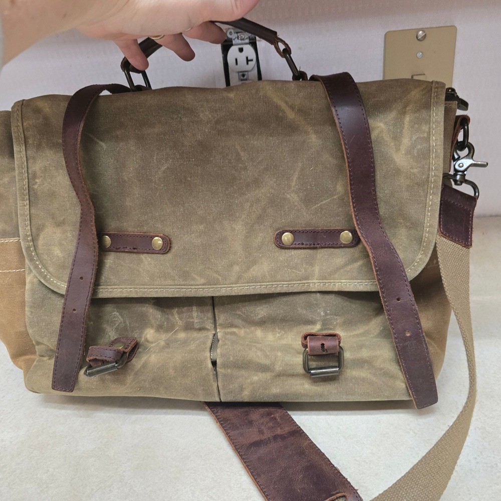 NEWHEY Waxed Canvas Messenger Bag Brown Leather Laptop Briefcase Satchel Vintage